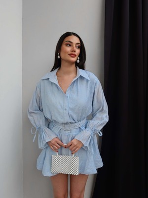 Esra Helvacı Brodeli Kemerli Mini Gömlek Elbise