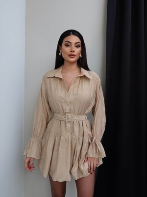 Esra Helvacı Brodeli Kemerli Mini Gömlek Elbise