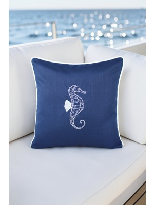Visionario Kırlent Kılıfı 45X45 Marin Nakışlı Deniz Atı Desen Su Itici Outdoor Keten Beyaz Biyeli Tekne Bahçe