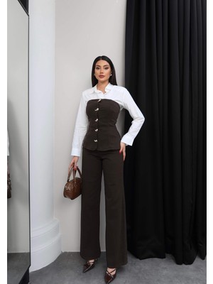 Esra Helvacı Gold Düğmeli Straplez Takım