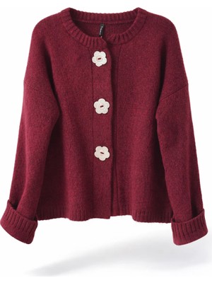 Retrobird Daisy Bloom Çiçek Düğmeli Hırka Kadın Bordo
