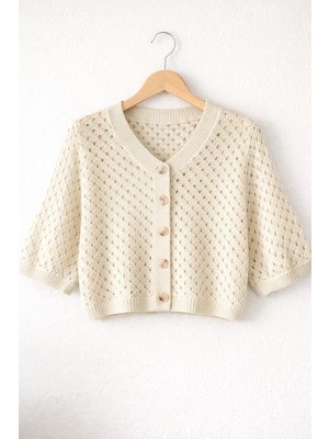 Retrobird Lou Retro Ajurlu Kısa Hırka Kadın Krem