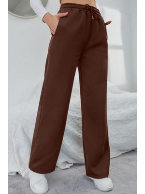 Kallima Kahverengi Kışlık Kalın Şardonlu Içi Polarlı Yüksek Bel Bol Paça Bağcıklı Gizli Cepli Eşofman Altı