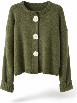 Retrobird Daisy Bloom Çiçek Düğmeli Hırka Kadın Haki