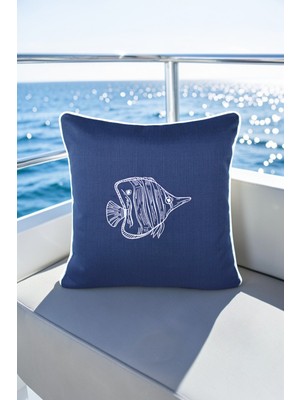 Visionario Kırlent Kılıfı 45X45 Marin Nakışlı Balık Desen Su Itici Outdoor Keten Tekne Bahçe Balkon