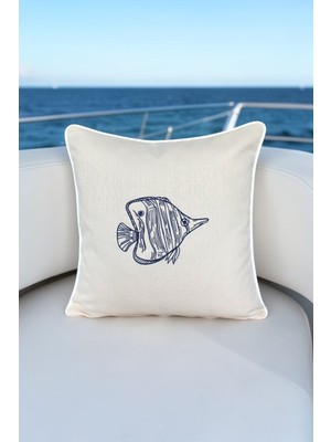 Visionario Kırlent Kılıfı 45X45 Marin Nakışlı Balık Desen Su Itici Outdoor Keten Tekne Bahçe Balkon