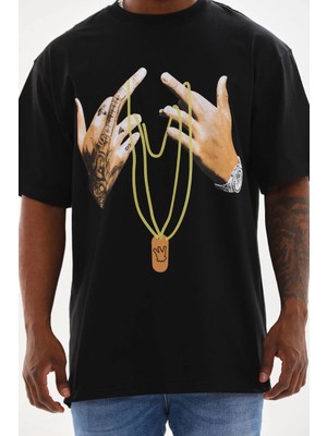 Velmora Fashion      Baskılı Oversize T-Shirt - Siyah -