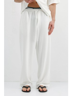 Vamos Fitilli Dokulu Baggy Eşofman Alt Ekru