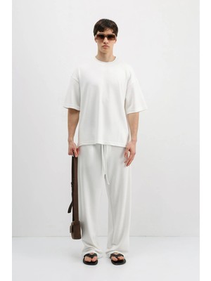 Vamos Fitilli Dokulu Oversize Tişört Ekru