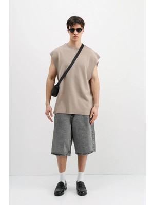Vamos Oversize Kolsuz Basic Tişört Vizon