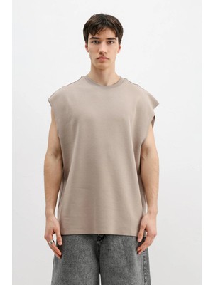Vamos Oversize Kolsuz Basic Tişört Vizon