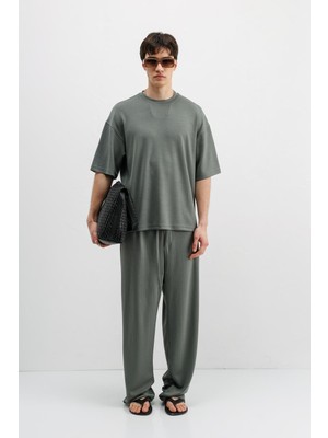 Vamos Fitilli Dokulu Oversize Tişört Haki