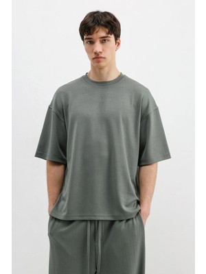 Vamos Fitilli Dokulu Oversize Tişört Haki