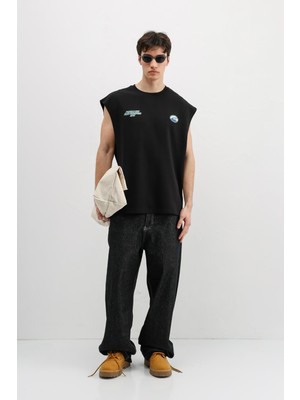 Vamos Oversize Baskılı Kolsuz Tişört Siyah