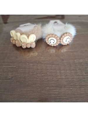 Peluş Figürlü Çocuk Saç Tokası Seti - Tavşanlı ve Gülen Yüzlü Lastik Toka