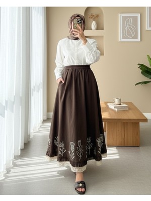 Modamorfo Dantel Işlemeli Beli Lastikli Etek  -Kahve