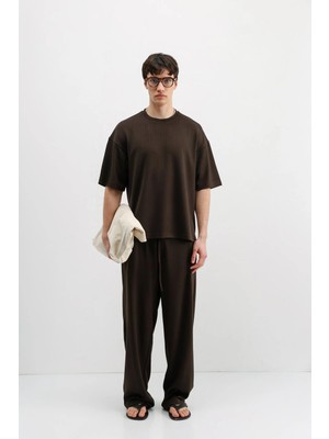 Vamos Fitilli Dokulu Oversize Tişört Koyu Kahve