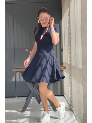 Qimya Butik Buketli Kadın Bisiklet Yaka Eteği Volanlı Kısa Kollu Örme Kısa Elbise