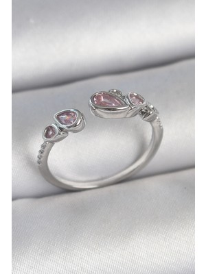 Eco Lounge Pirinç Gümüş Renk Pembe Damla Zirkon Taşlı Ayarlanabilir Model Kadın Yüzük