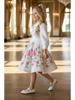 Riccotarz Kız Çocuk Göğsünde Kurdela Detayı Taş Işlmeli Şifon Gömlekli, Pembe Gül Baskılı Şifon Elbise