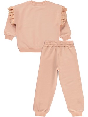 Civil Girls Kol Fırfırlı Sarmaşık Nakışlı 2-5 Yaş Eşofman Takımı - Pudra
