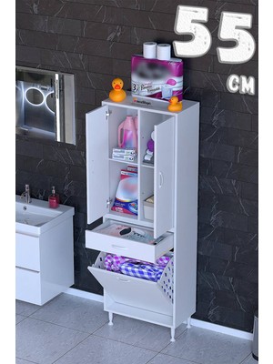 modilayn Afrodit Çok Amaçlı Dar Banyo Dolabı 55X173X32,5 cm | Çekmeceli, Sepetli, 2 Kapaklı, 4 Raflı