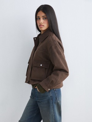 Lcw Kahverengi Gömlek Yaka Oversize Kadın Süet Görünümlü Ceket