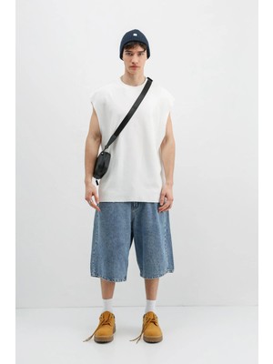 Vamos Oversize Kolsuz Basic Tişört Ekru