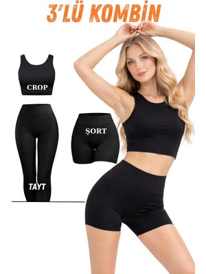 Freemen Kadın Siyah 3’lü Spor Kombin Crop Atlet, Uzun Tayt ve Şort Tayt Esnek, Toparlayıcı, Günlük