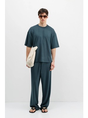 Vamos Fitilli Dokulu Oversize Tişört Petrol