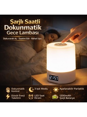 Coofbe Parlaklık Ayarlı Şarjlı Saatli Masa Lambası Gece Lambası LED Göz Korumalı Masaüstü Saat Gece Lambası