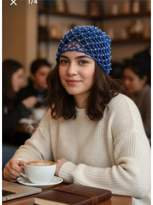 Mrey El Yapımı File Örgü Boncuklu Yazlık Şapka - Kadın File Bere – File Şapka - Tığ Işi, Mavi, Kadın