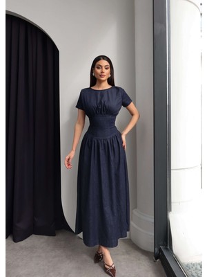 Esra Helvacı Kısa Kollu Denim Pileli Midi Elbise