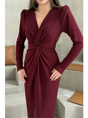 Neşeli Butik Kadın Bordo Anvelop Büzgülü Simli Premium Midi Elbise NBELB08