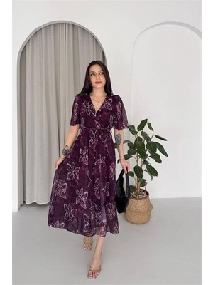 Neşeli Butik Kadın Bordo Kruvaze Yaka Desenli Midi Boy Şifon Elbise NBK4587