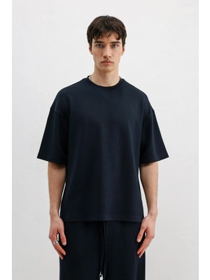 Vamos Fitilli Dokulu Oversize Tişört Lacivert