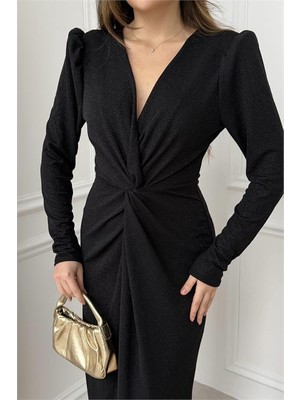 Neşeli Butik Kadın Siyah Anvelop Büzgülü Simli Premium Midi ELBISENBELB08