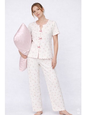 Koza İç Giyim Kadın Kısa Kollu Fiyonklu Fitilli Pijama Takımı