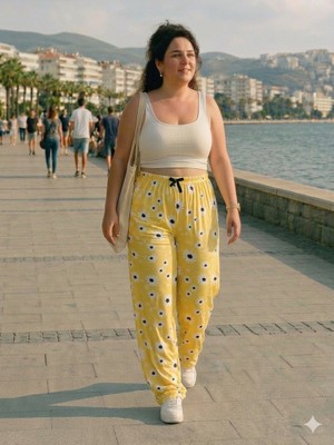 Bukadınca Sarı Papatya Desenli, Lastik Belli, Bol Paça Milan Pantolon