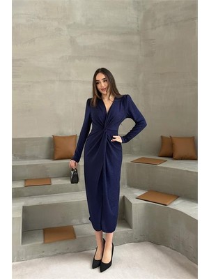 Neşeli Butik Kadın Mavi Anvelop Büzgülü Simli Premium Midi Elbise NBELB08