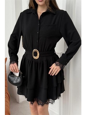 Neşeli Butik Kadın Siyah Gömlek Yaka Gold Tokalı Dantel Detaylı Kat Kat Mini Elbise NBELB07