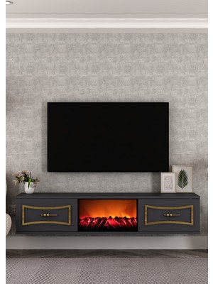 Demonte Decor TV0065-TXA150DD-32 Duvara Montaj Şömineli Tv Sehpası Antrasit-Altın