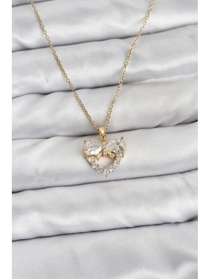 Clariss 316L Çelik Zincir Gold Renk Kalp ve Fiyonk Model Zirkon Taşlı Kadın Kolye
