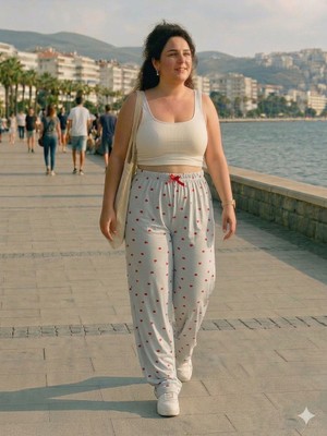 Bukadınca Açık Mavi Kalp Desenli, Lastik Belli, Bol Paça Milan Pantolon