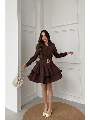 Neşeli Butik Kadın Kahverengi Gömlek Yaka Gold Tokalı Dantel Detaylı Kat Kat Mini Elbise NBELB07