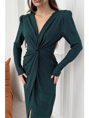 Neşeli Butik Kadın Yeşil Anvelop Büzgülü Simli Premium Midi Elbise NBELB08