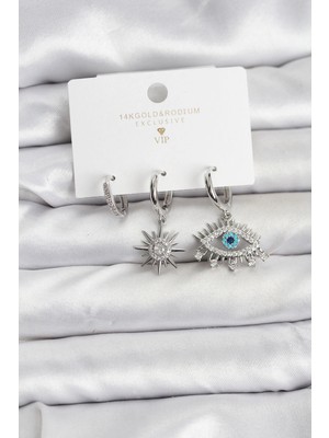 Eco Lounge Göz Model Gümüş Renk Pirinç 3'lü Kadın Küpe Seti