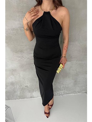 Neşeli Butik Kadın Siyah Sırt Dekolteli Metal Yaka Midi Elbise NBK4543