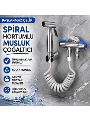 Polham Paslanmaz Çelik Spiral Hortumlu Musluk Çoğaltıcı – Çift Çıkışlı, Sprey Başlıklı, Banyo Tuvalet Lavabo Temizlik Seti