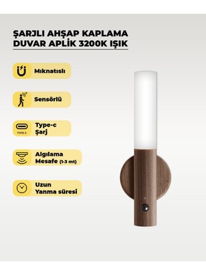 AC Aydınlatma Şarjlı Sensörlü Duvar Apliği Ahşap Kaplama – Mıknatıslı, USB Type-C Şarjlı, 3200K Sıcak Işık, Akıllı Hareket Sensörlü LED